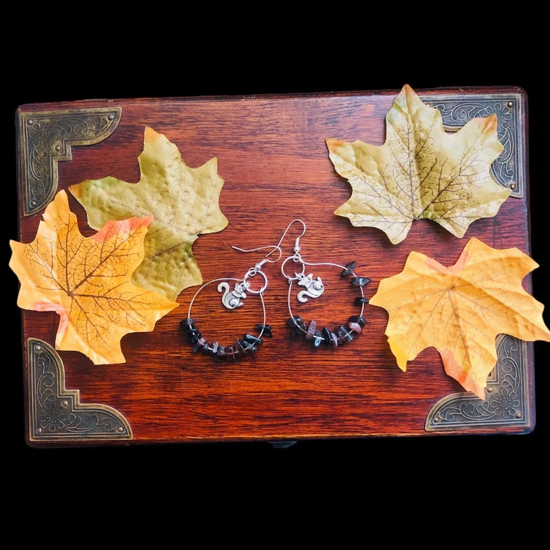 Hoop Earrings with Obsidian and Squirrel Charms
