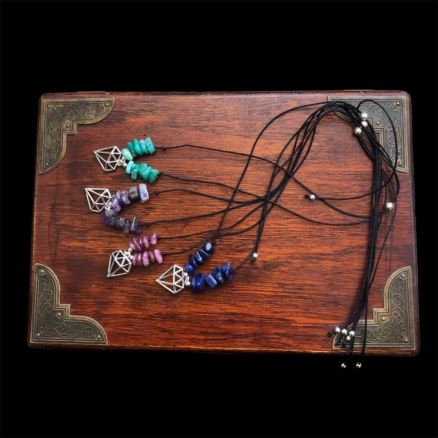 Black Thread Choker Necklace with Green Amazonite Chips