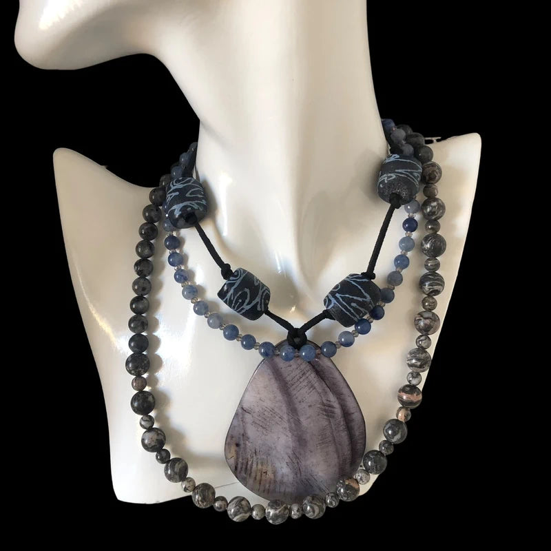 Statement Mother of Pearl Drop Pendant with Gotland Glass Beads