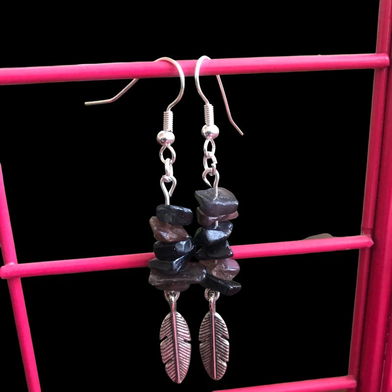 Feathers Obsidian Dangle Earrings