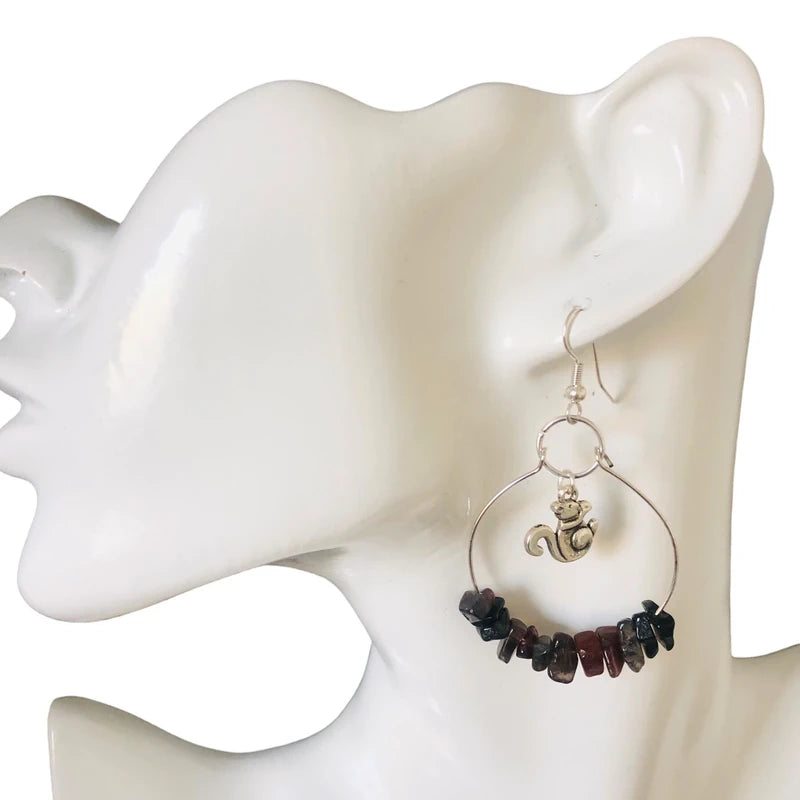 Hoop Earrings with Obsidian and Squirrel Charms