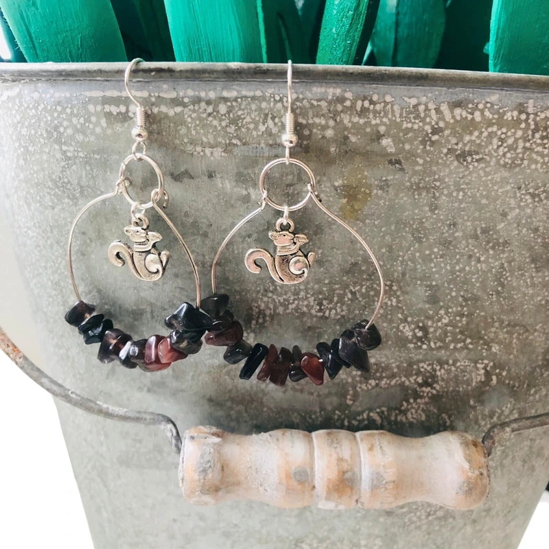 Hoop Earrings with Obsidian and Squirrel Charms