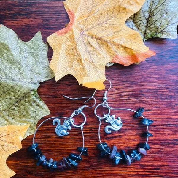 Hoop Earrings with Obsidian and Squirrel Charms