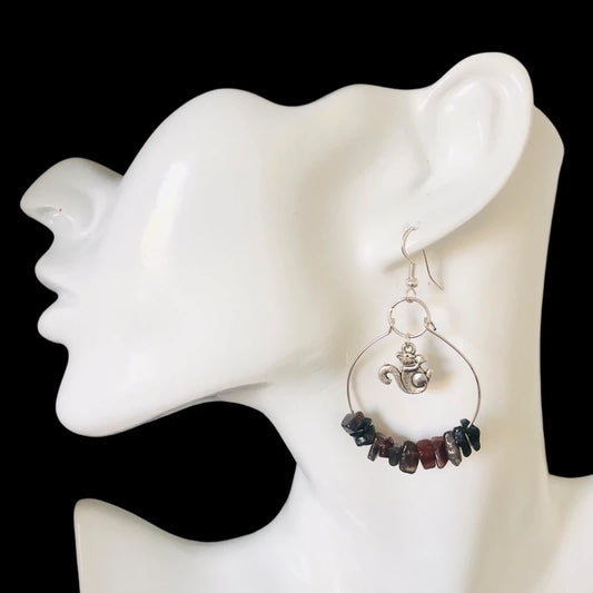 Hoop Earrings with Obsidian and Squirrel Charms