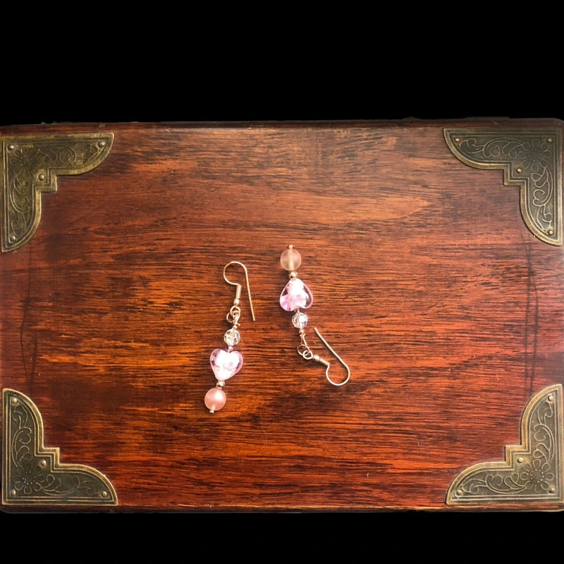 Pink Glass Hearts Rose Gold Earrings