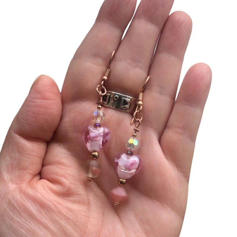 Pink Glass Hearts Rose Gold Earrings