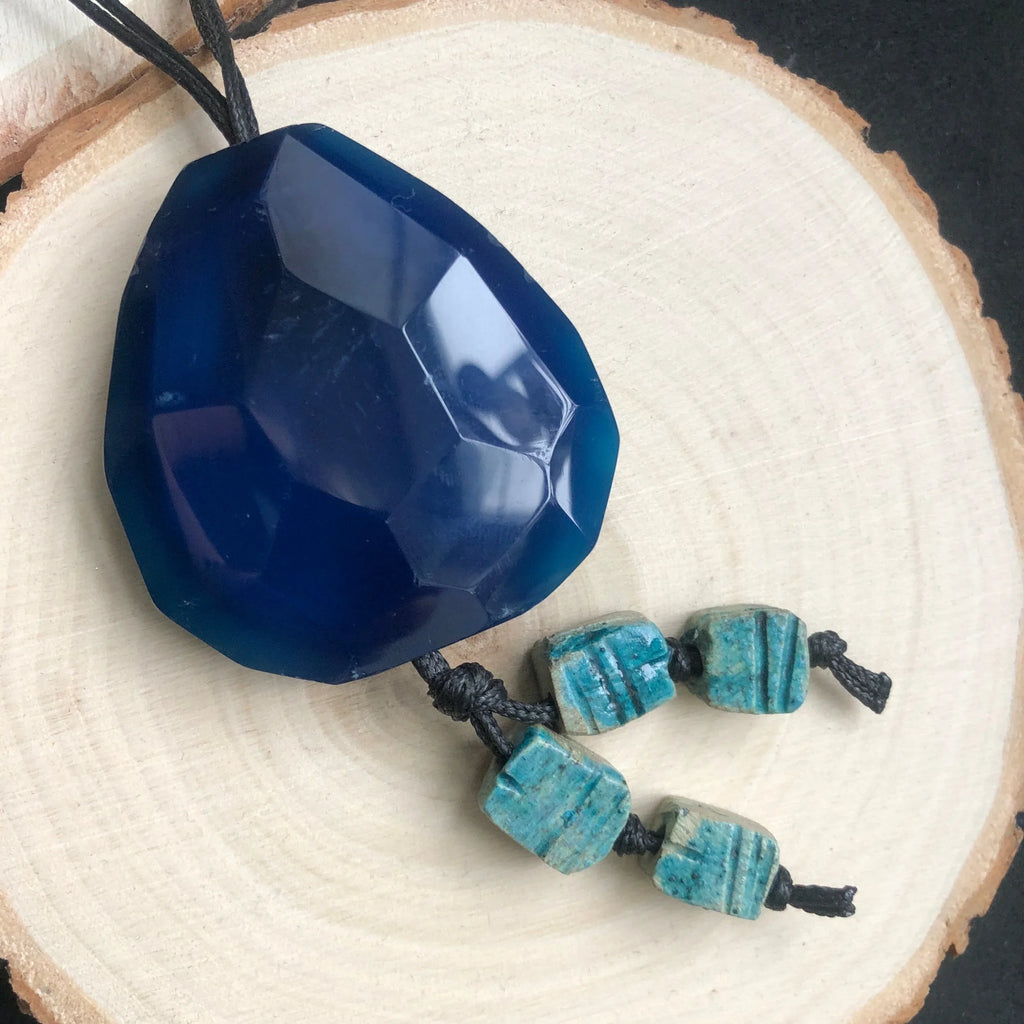 Blue Agate and Egyptian Beads Pendant Necklace
