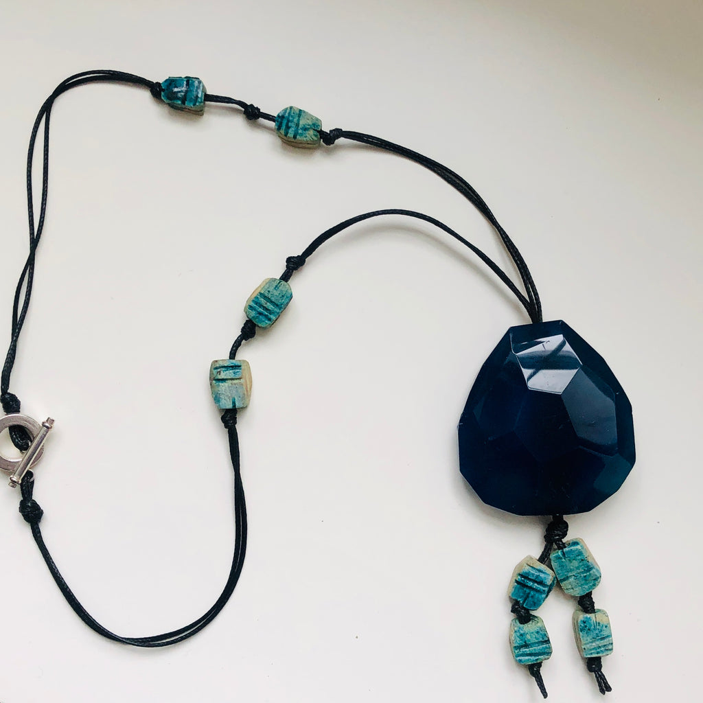 Blue Agate and Egyptian Beads Pendant Necklace