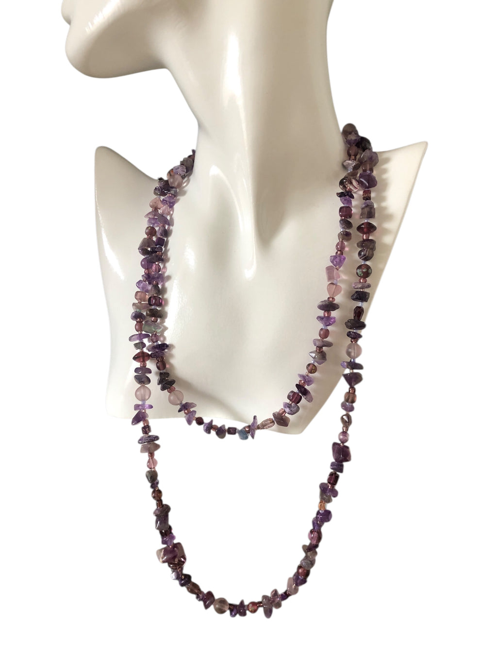Purple Stones and Glass Beaded Long Necklace