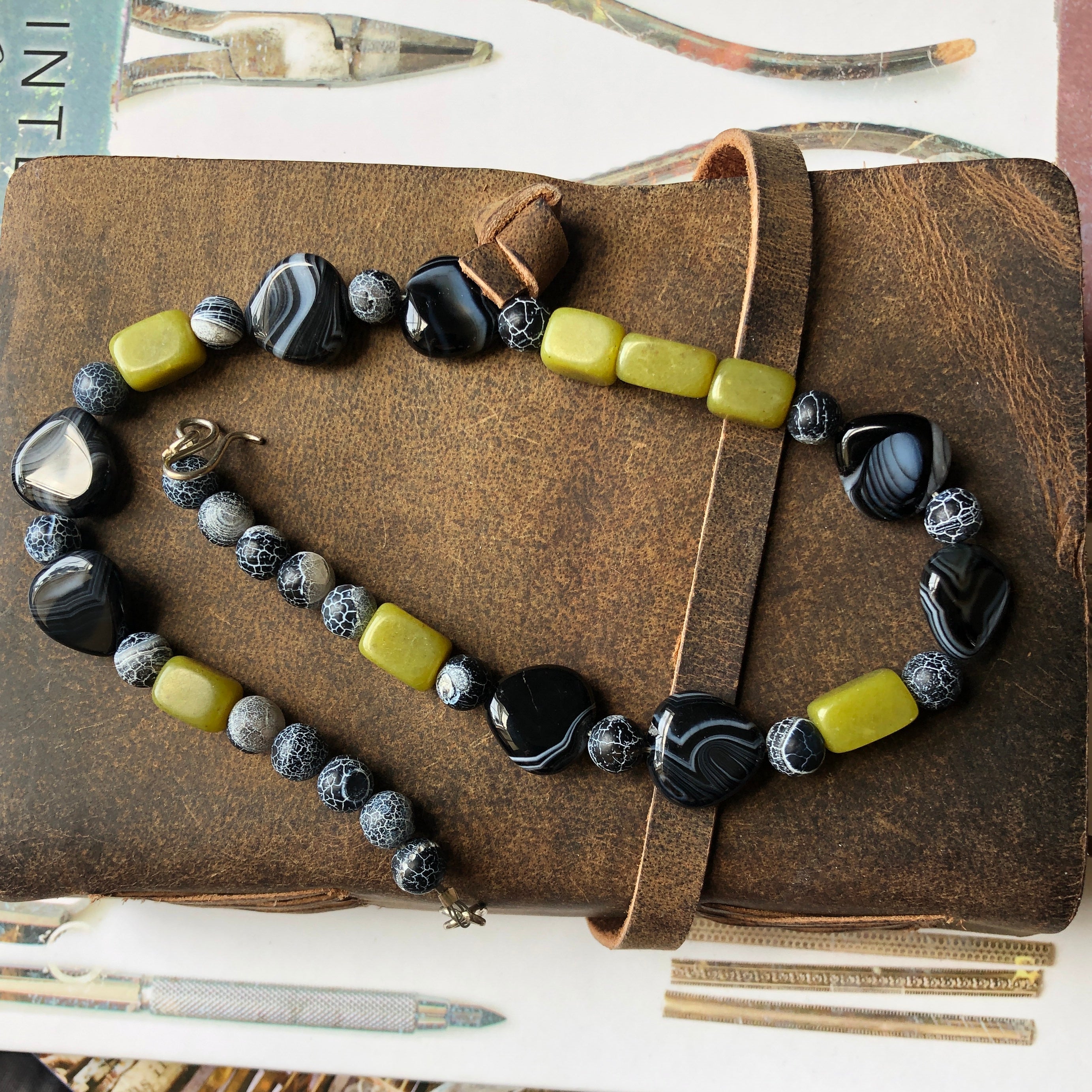 Olive Jade, Black Striped and Frost Cracked Agates Beaded Necklace
