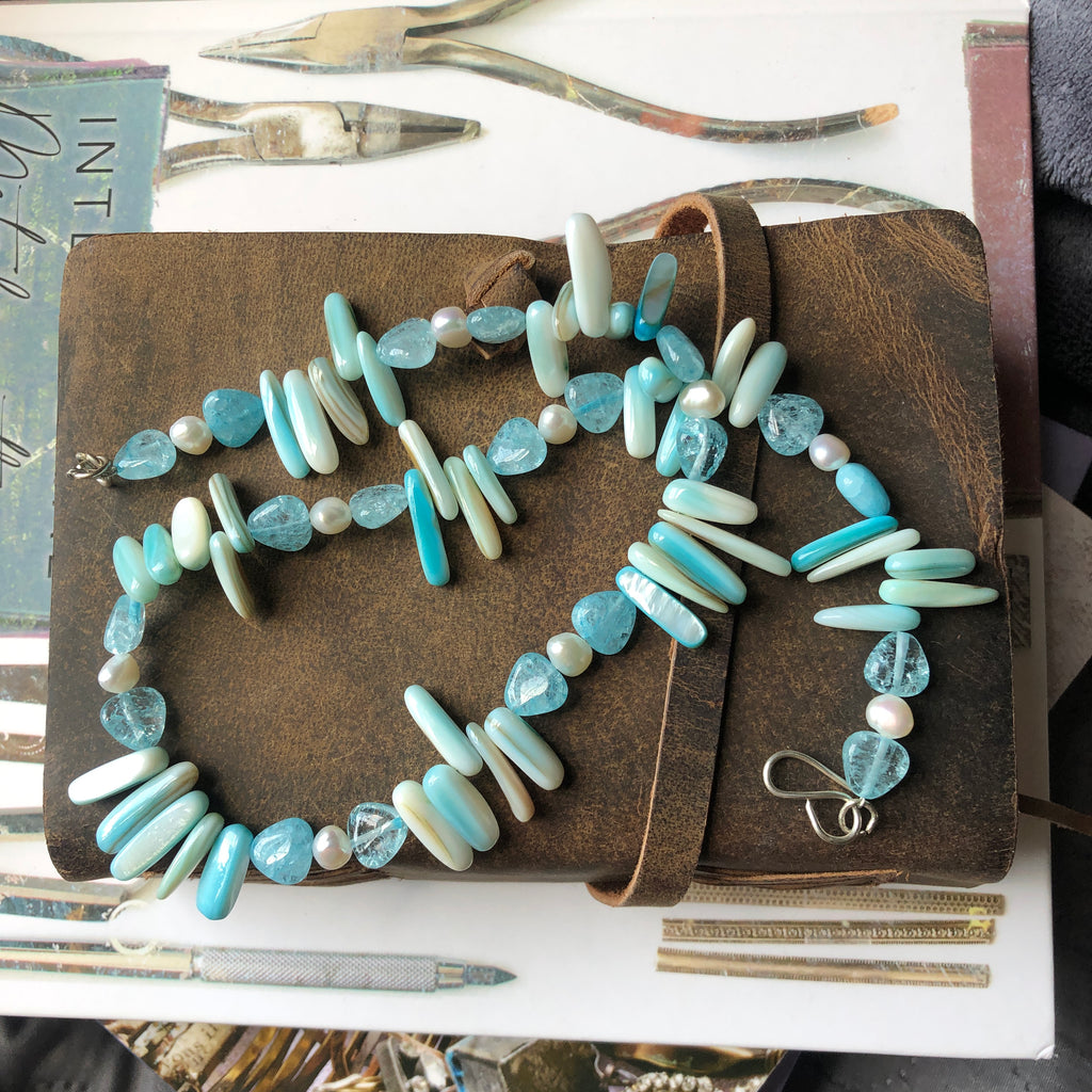 Blue Mother of Pearl, Quartz and Freshwater Pearls Beaded Necklace