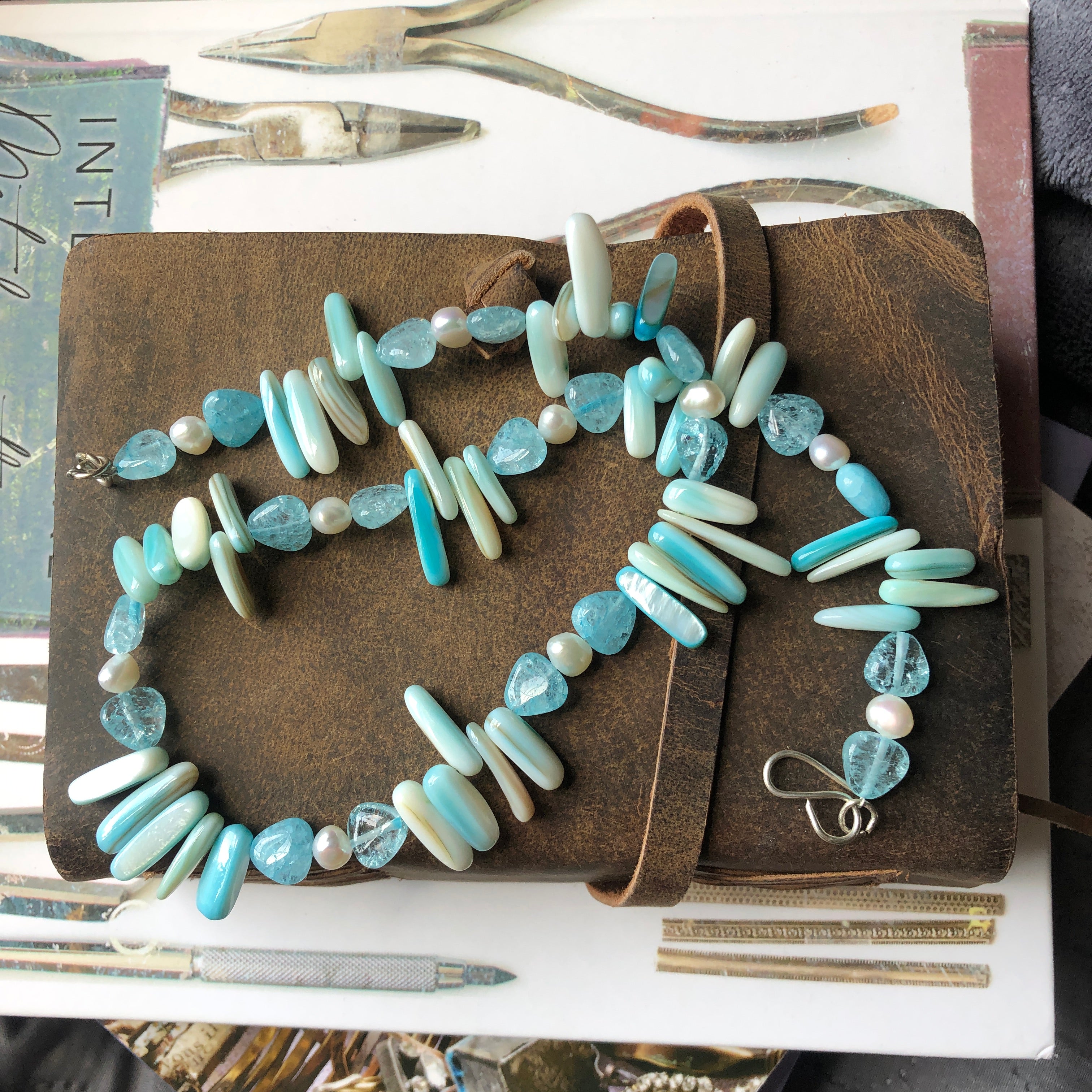 Blue Mother of Pearl, Quartz and Freshwater Pearls Beaded Necklace
