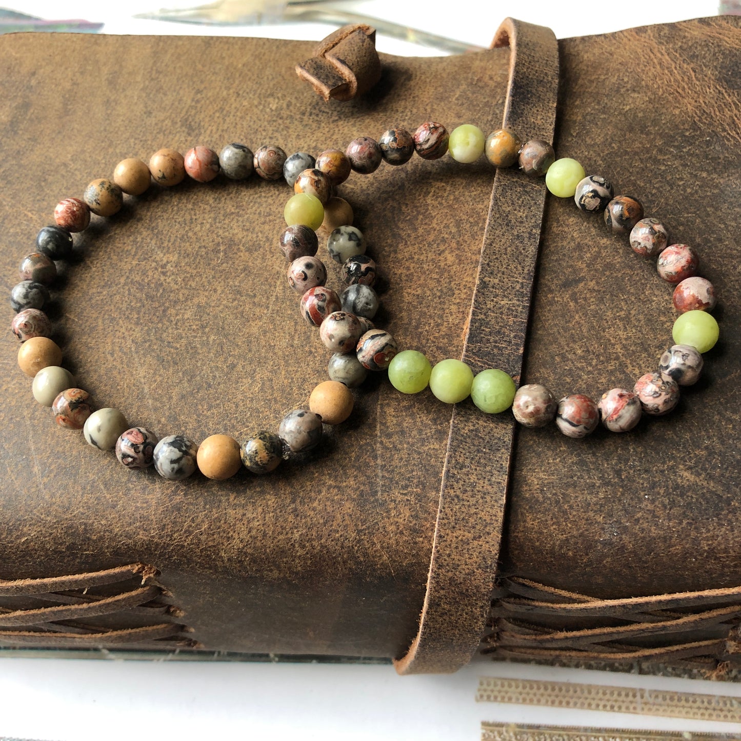 Green Agate and Leopard Skin Jasper Beaded Bracelet