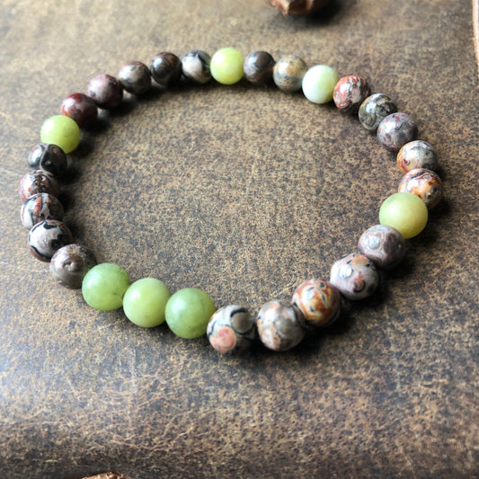 Green Agate and Leopard Skin Jasper Beaded Bracelet