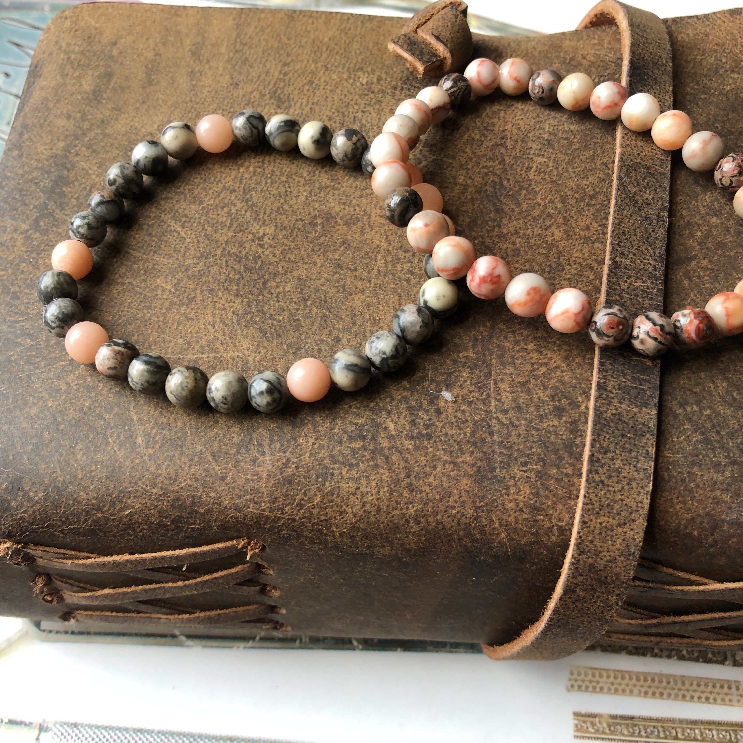 Pink Stripe and Leopard Skin Jasper Beaded Bracelet