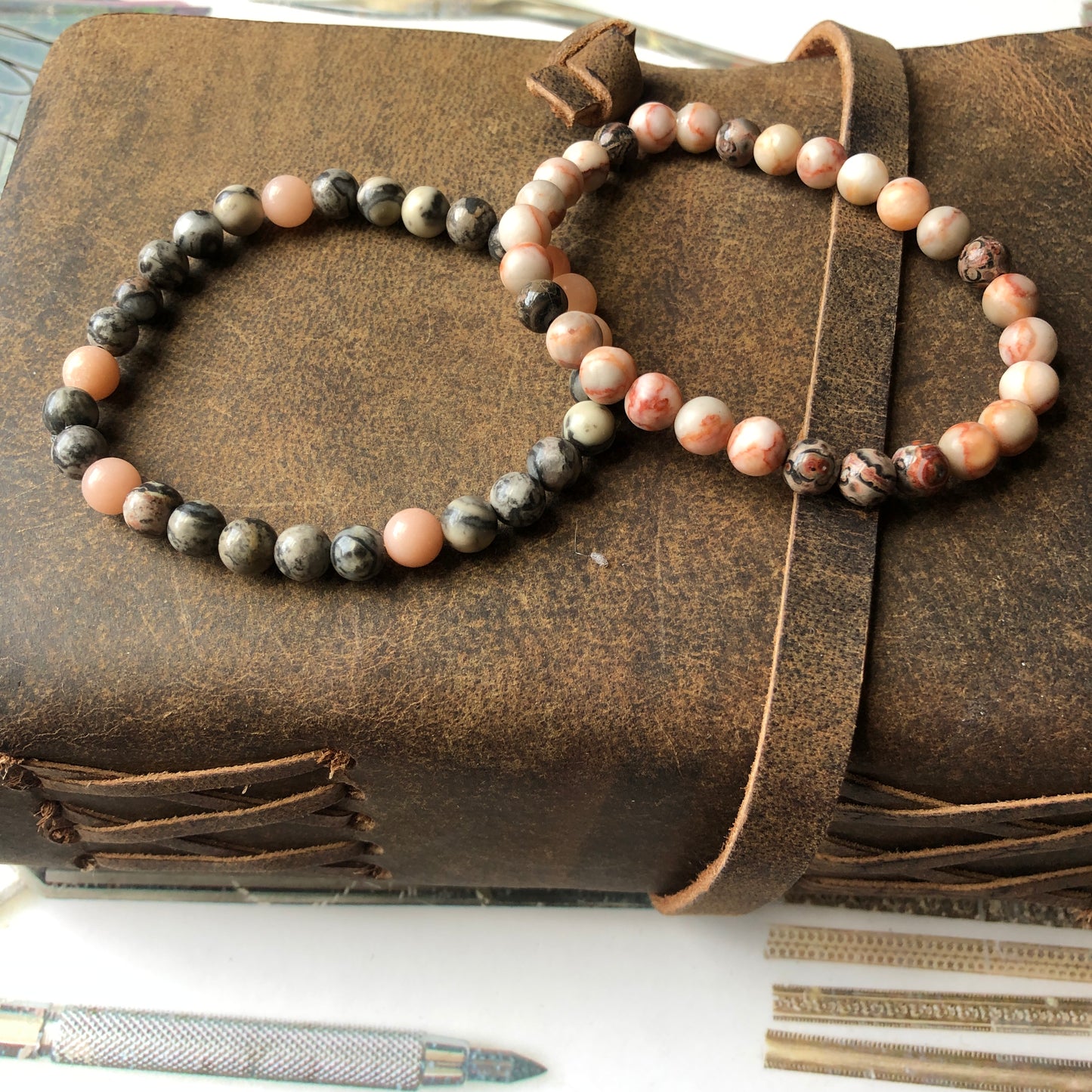 Pink Stripe and Leopard Skin Jasper Beaded Bracelet