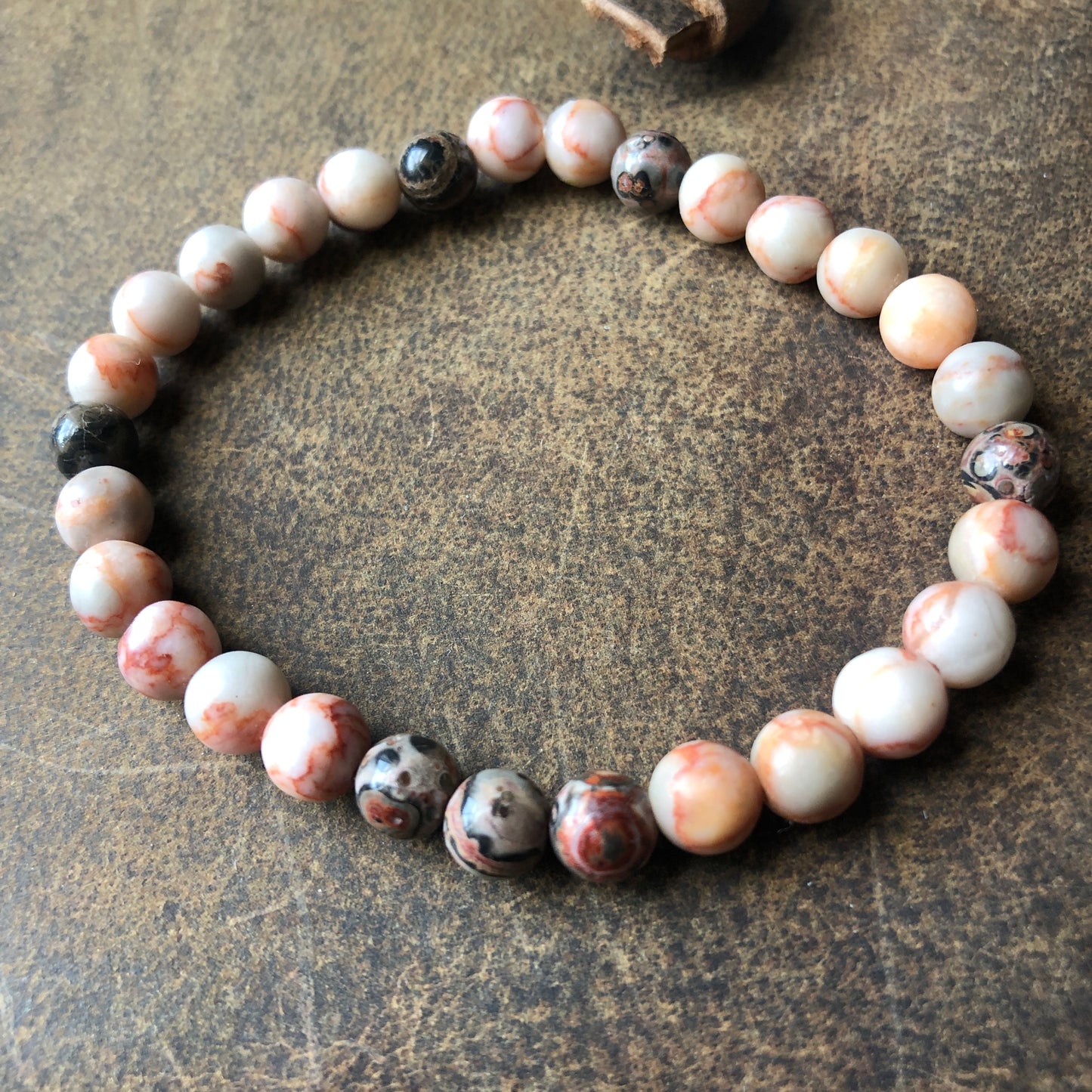 Pink Stripe and Leopard Skin Jasper Beaded Bracelet
