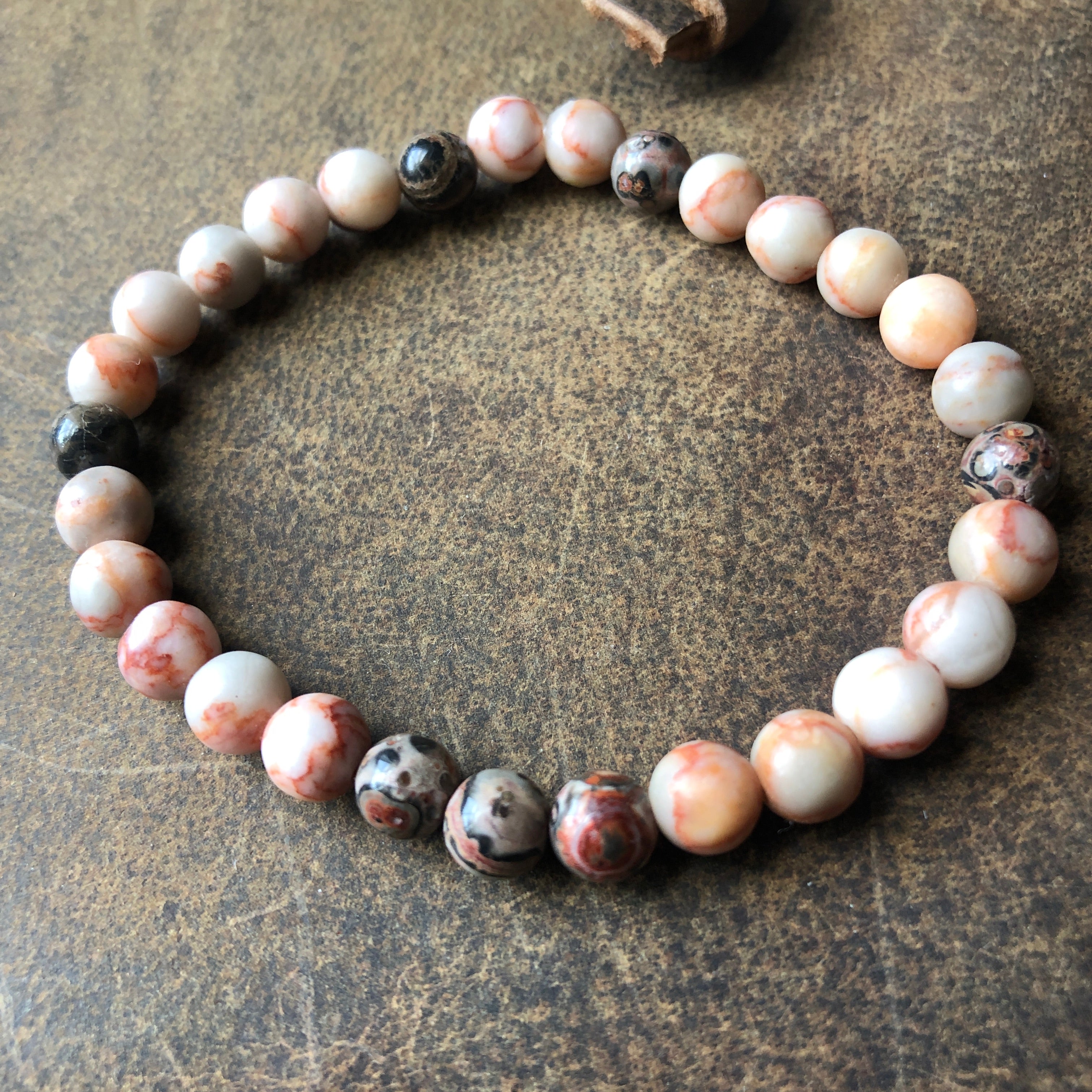 Pink Stripe and Leopard Skin Jasper Beaded Bracelet