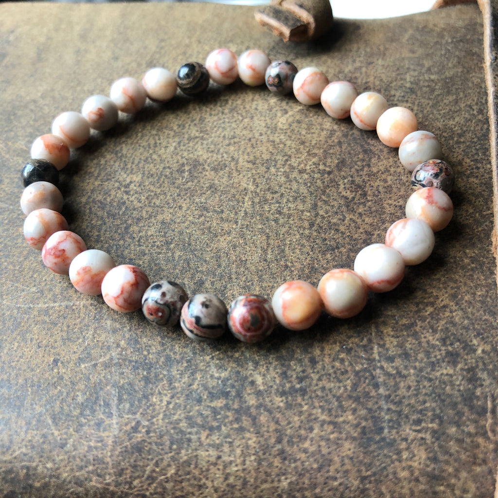 Pink Stripe and Leopard Skin Jasper Beaded Bracelet