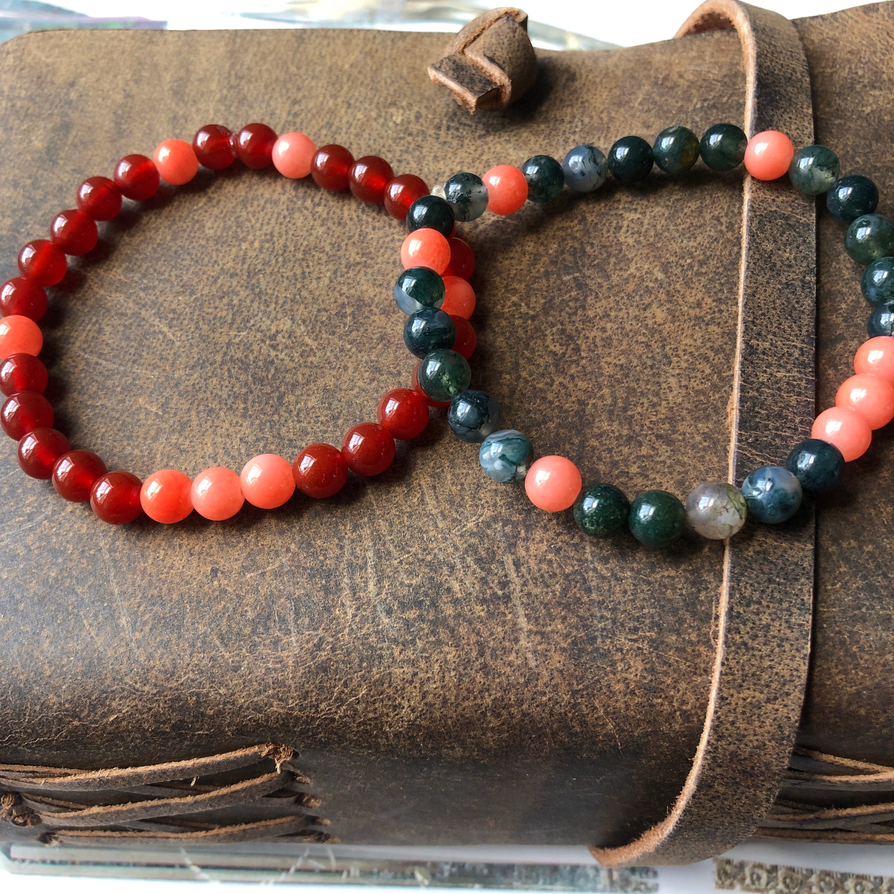 Red Jade and Moss Agate Beaded Bracelet