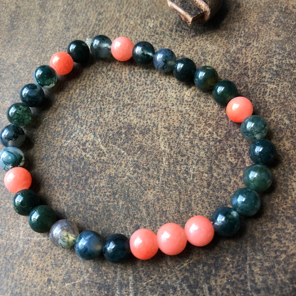Red Jade and Moss Agate Beaded Bracelet