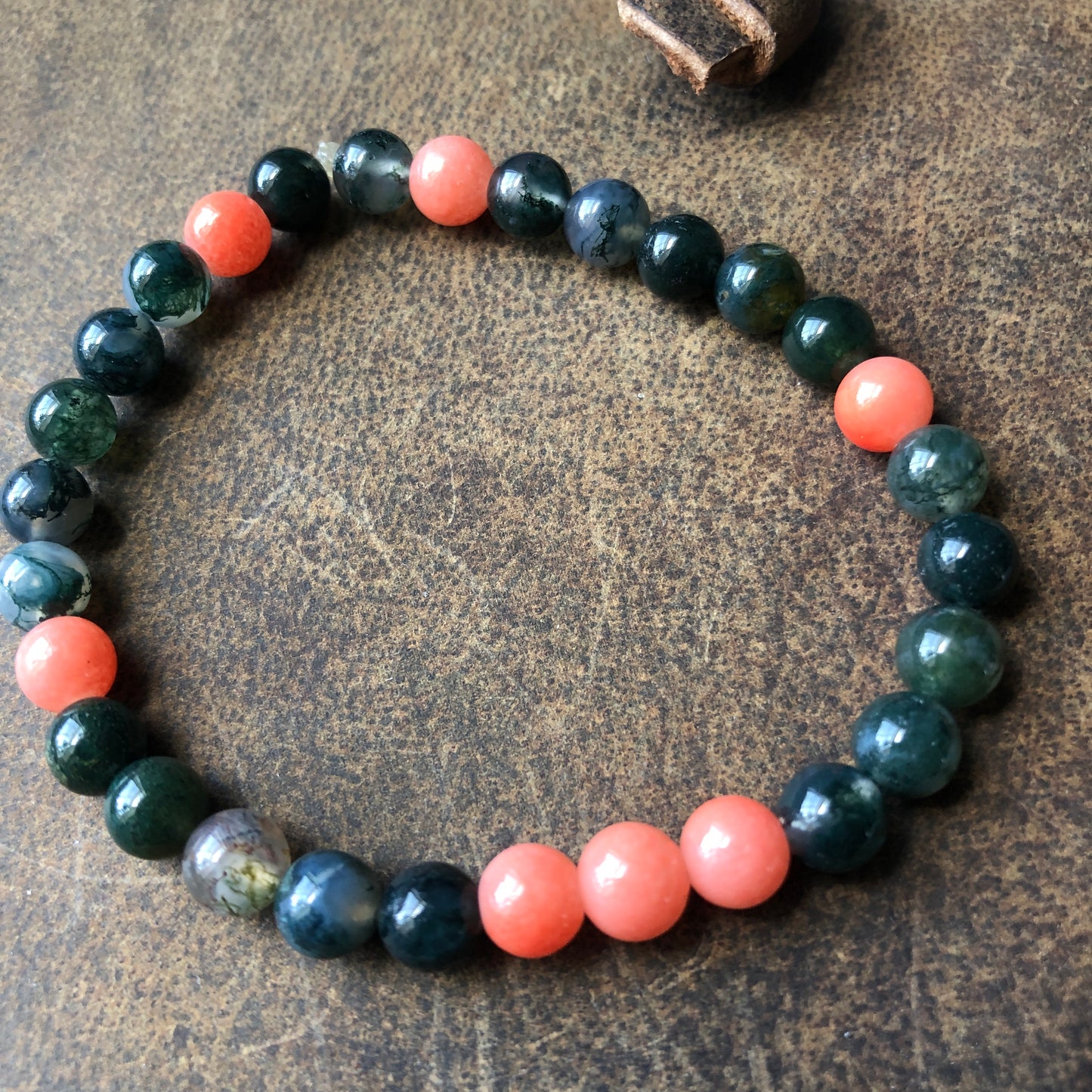 Red Jade and Moss Agate Beaded Bracelet