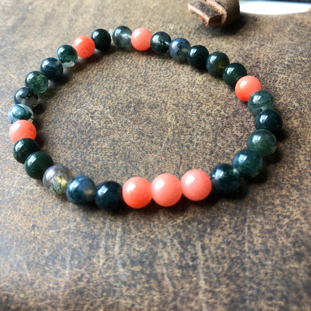 Red Jade and Moss Agate Beaded Bracelet