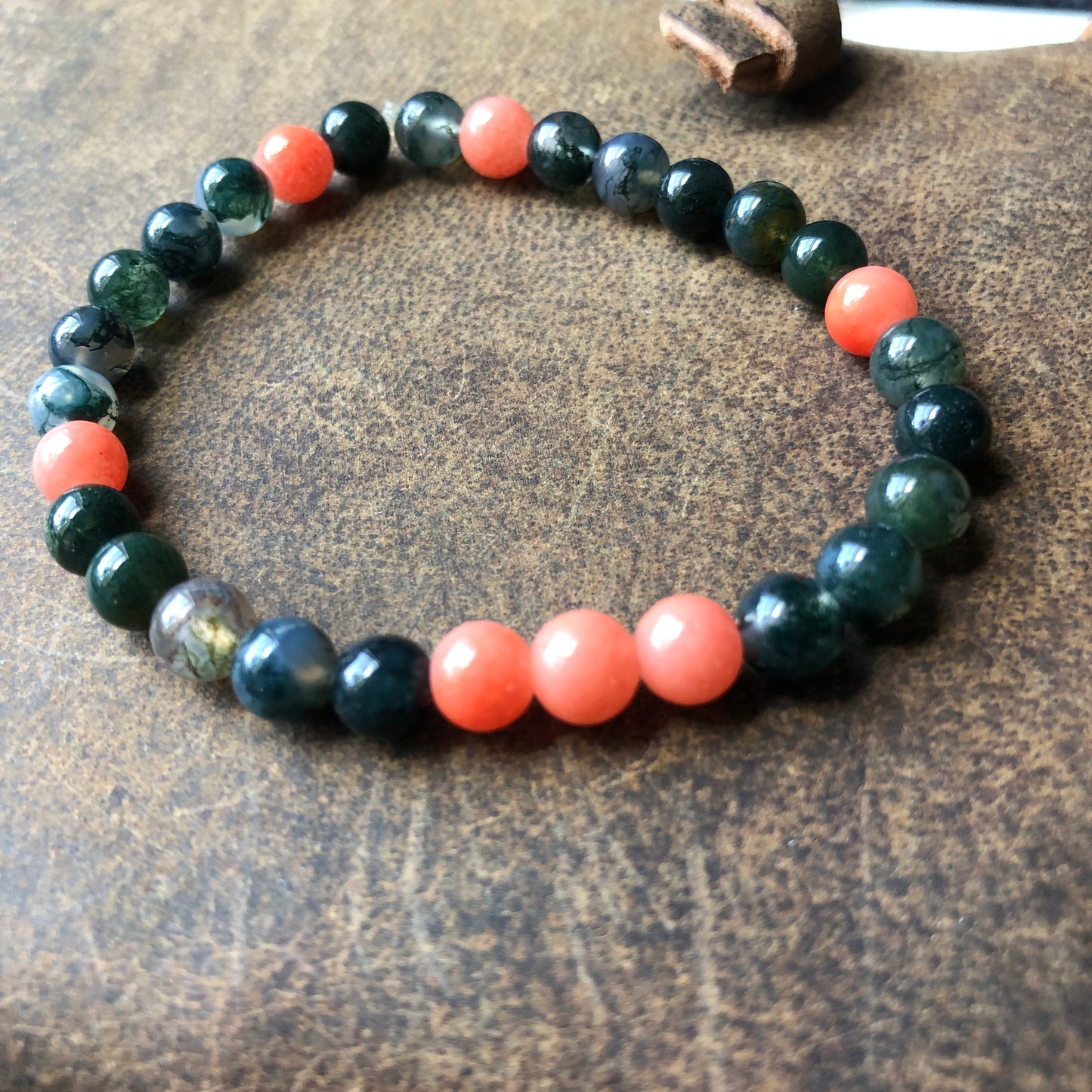 Red Jade and Moss Agate Beaded Bracelet
