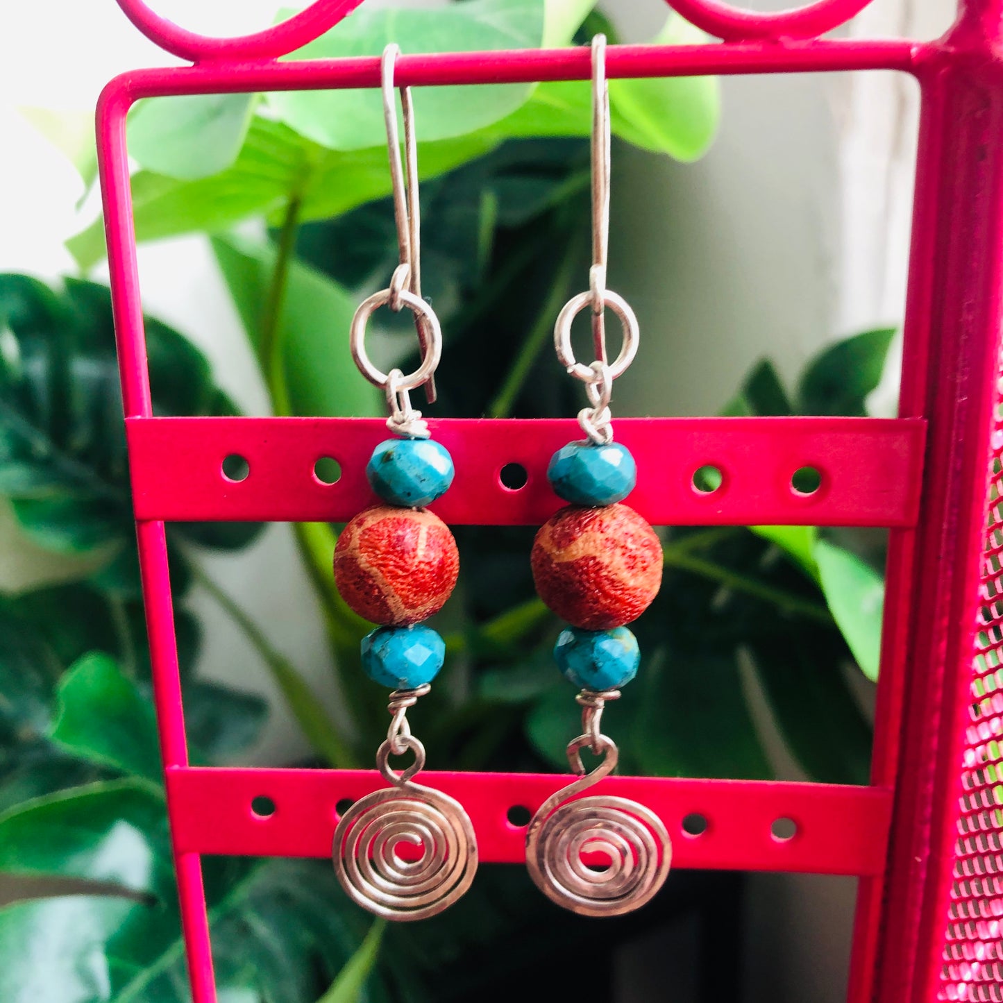 925 Silver Dangle Earrings With Rough Coral and Turquoise