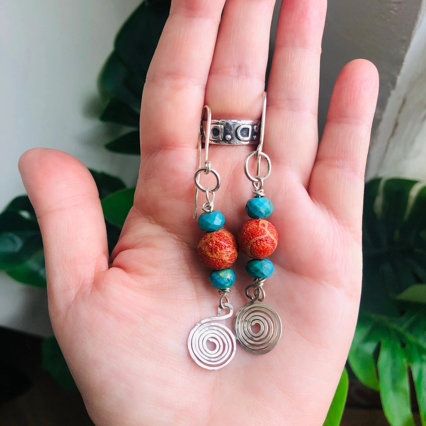 925 Silver Dangle Earrings With Rough Coral and Turquoise