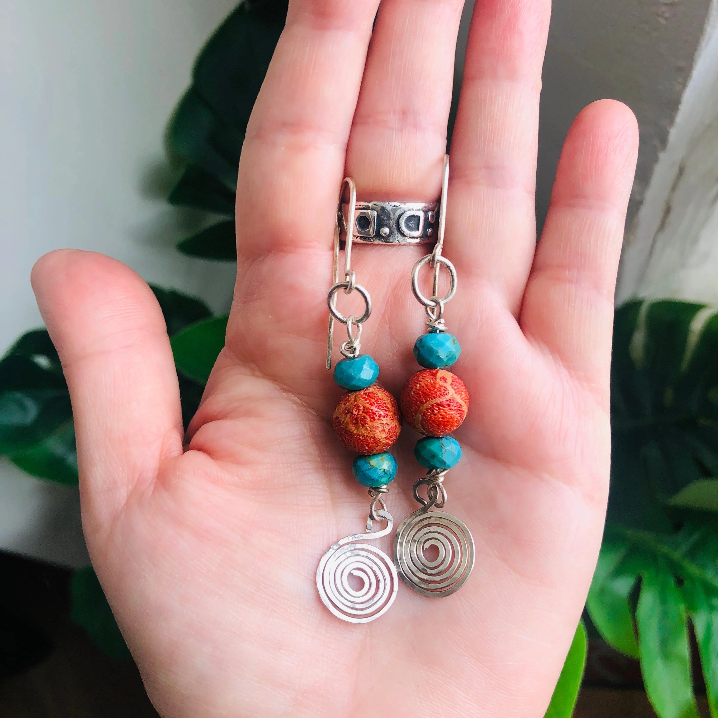 925 Silver Dangle Earrings With Rough Coral and Turquoise