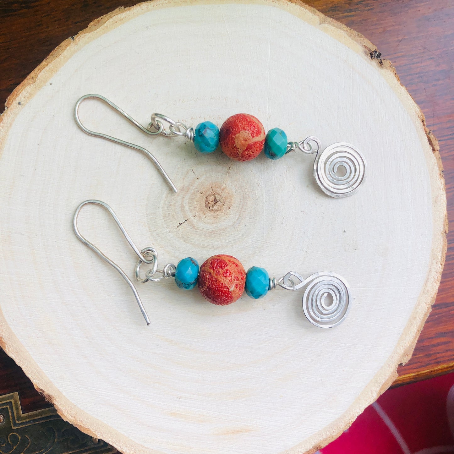 925 Silver Dangle Earrings With Rough Coral and Turquoise