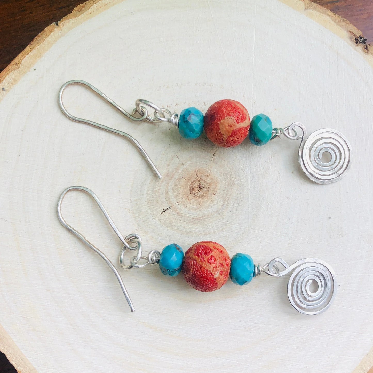 925 Silver Dangle Earrings With Rough Coral and Turquoise