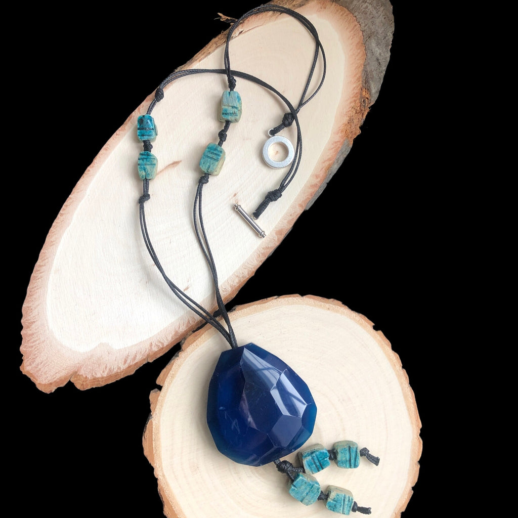 Blue Agate and Egyptian Beads Pendant Necklace