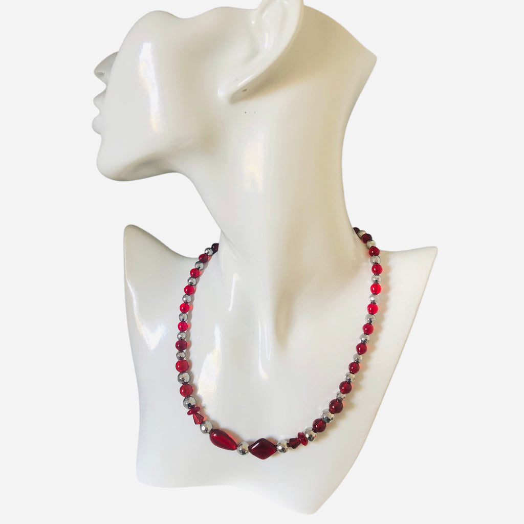 Red Glass and Silver Pyrite Beaded Necklace