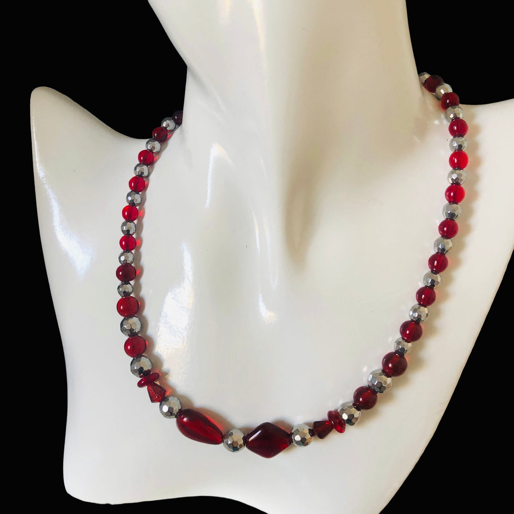 Red Glass and Silver Pyrite Beaded Necklace