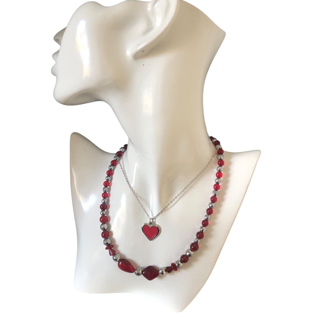Red Glass and Silver Pyrite Beaded Necklace