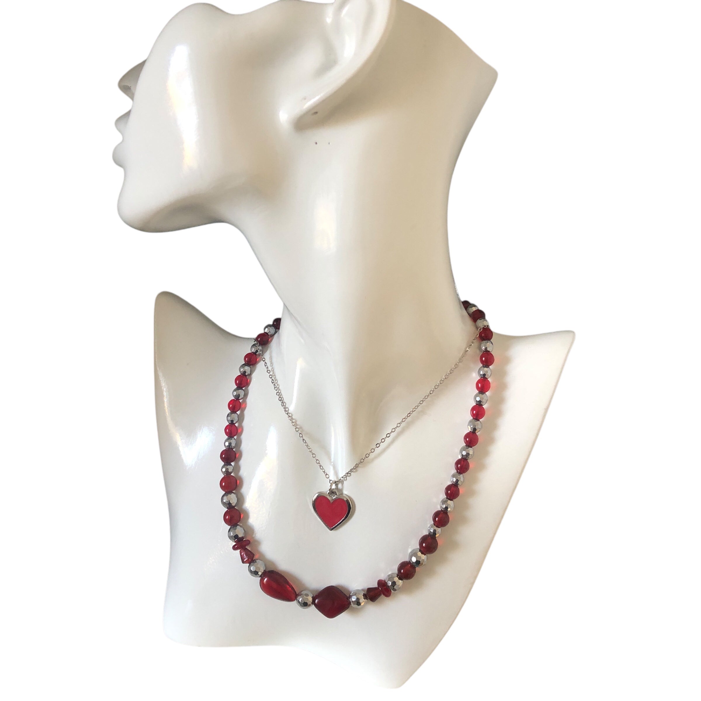 Red Glass and Silver Pyrite Beaded Necklace