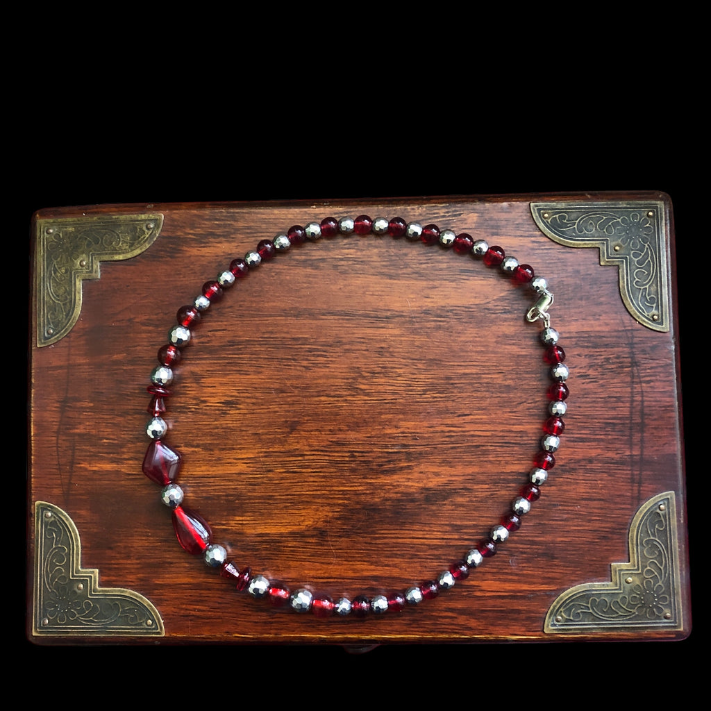 Red Glass and Silver Pyrite Beaded Necklace