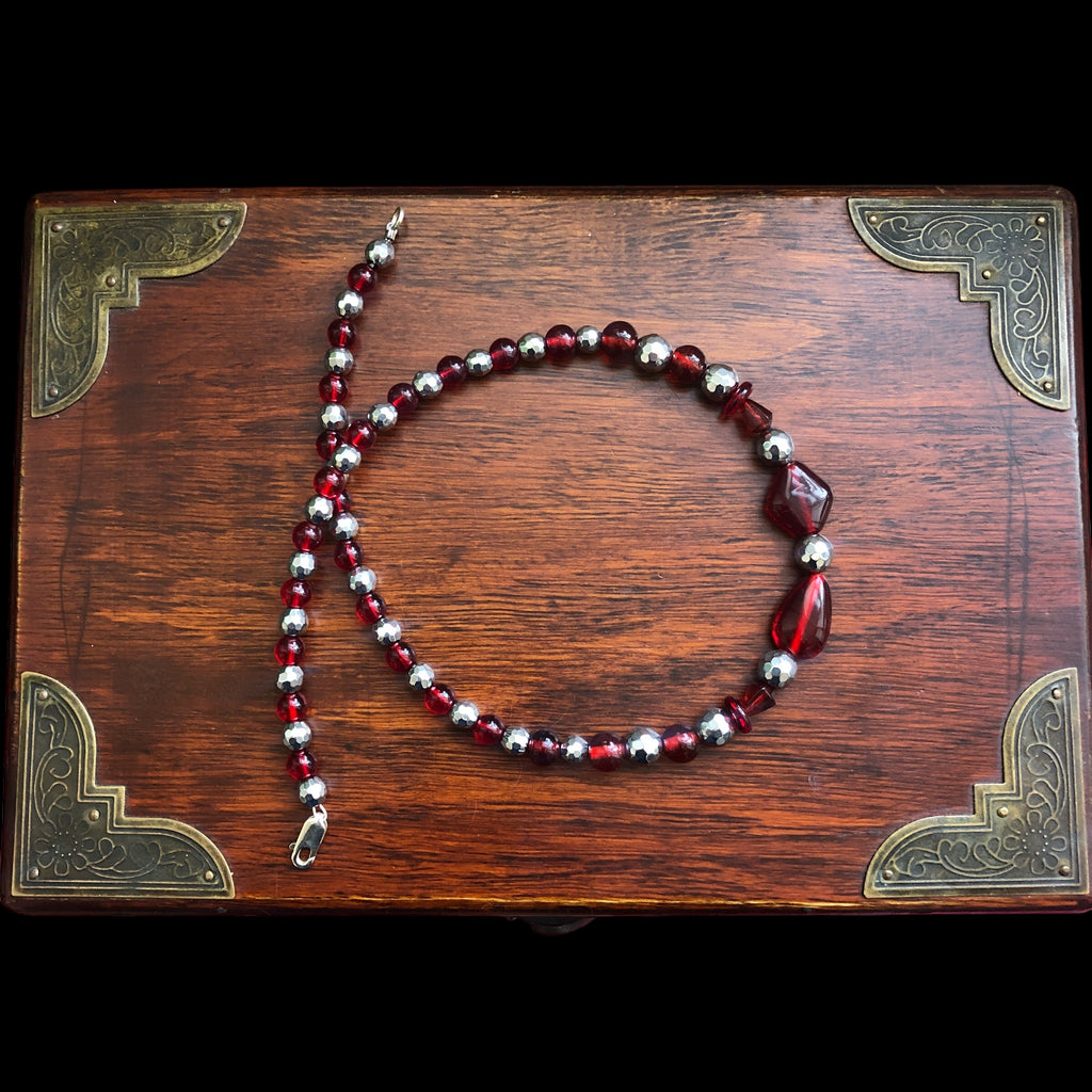Red Glass and Silver Pyrite Beaded Necklace