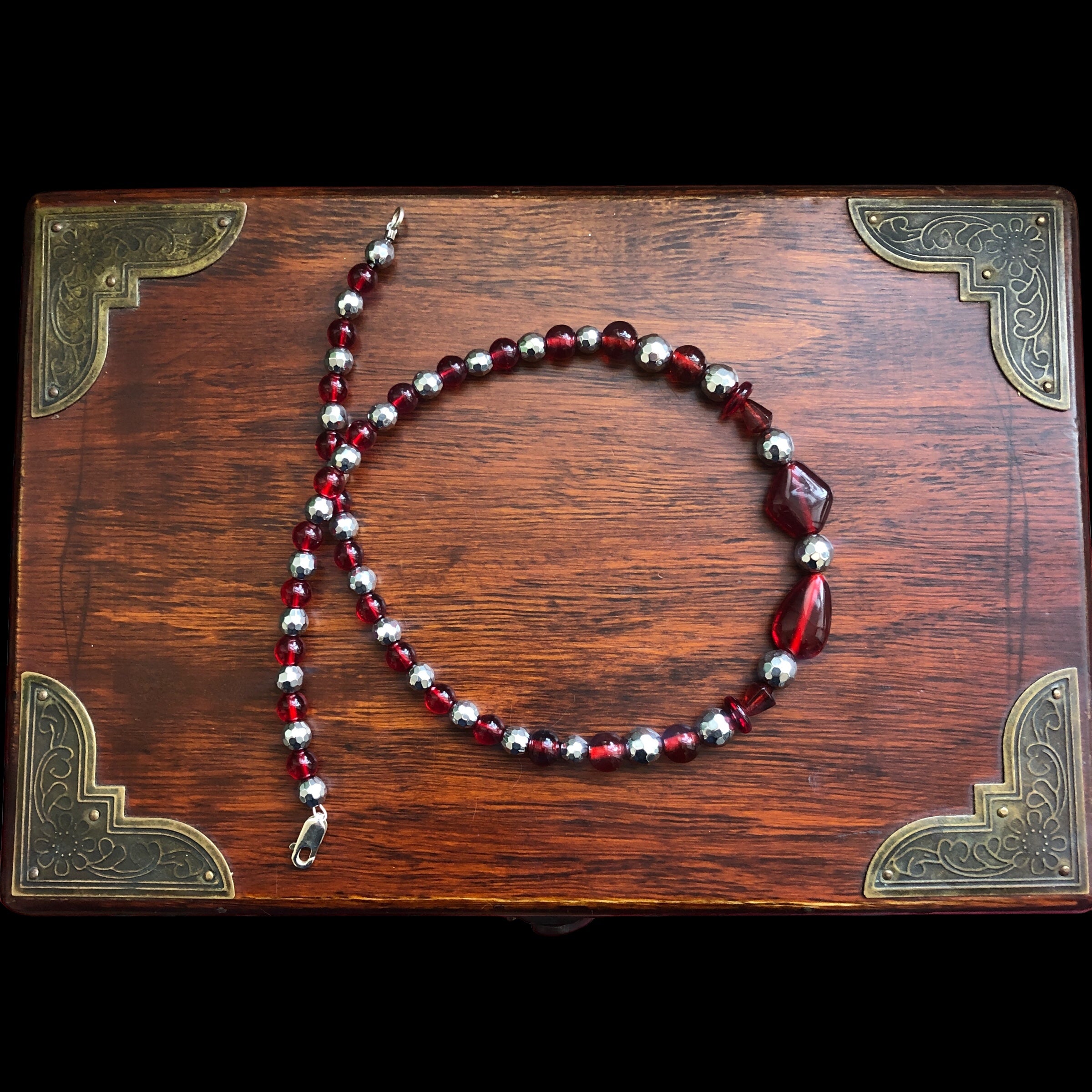 Red Glass and Silver Pyrite Beaded Necklace