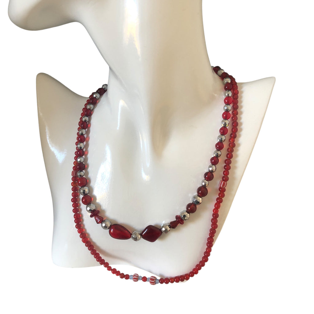 Red Glass and Silver Pyrite Beaded Necklace