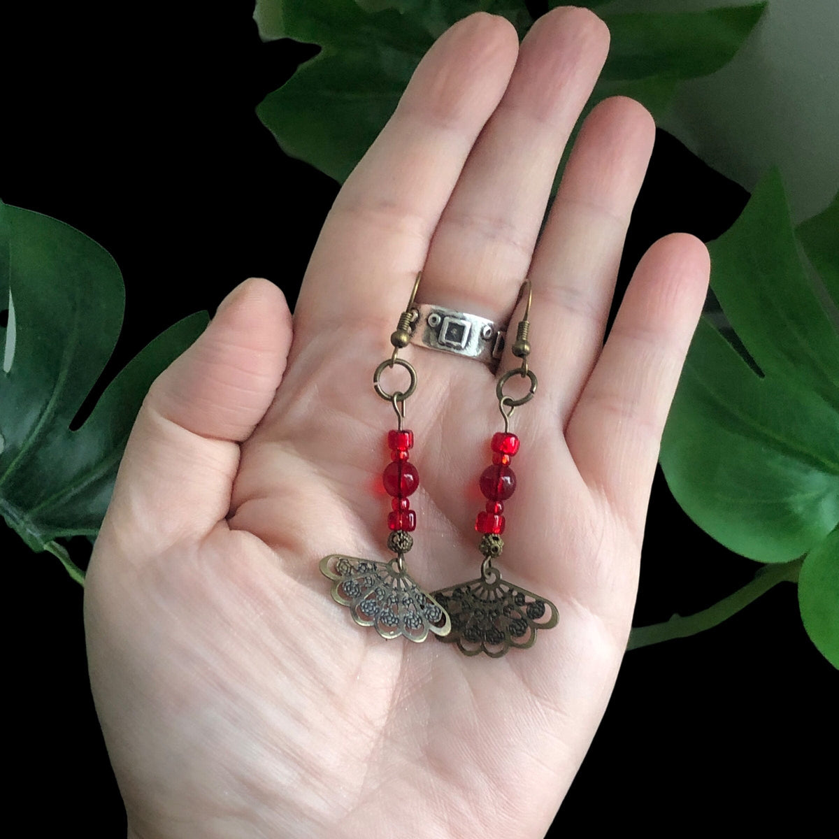 Antique Bronze Red Glass Earrings