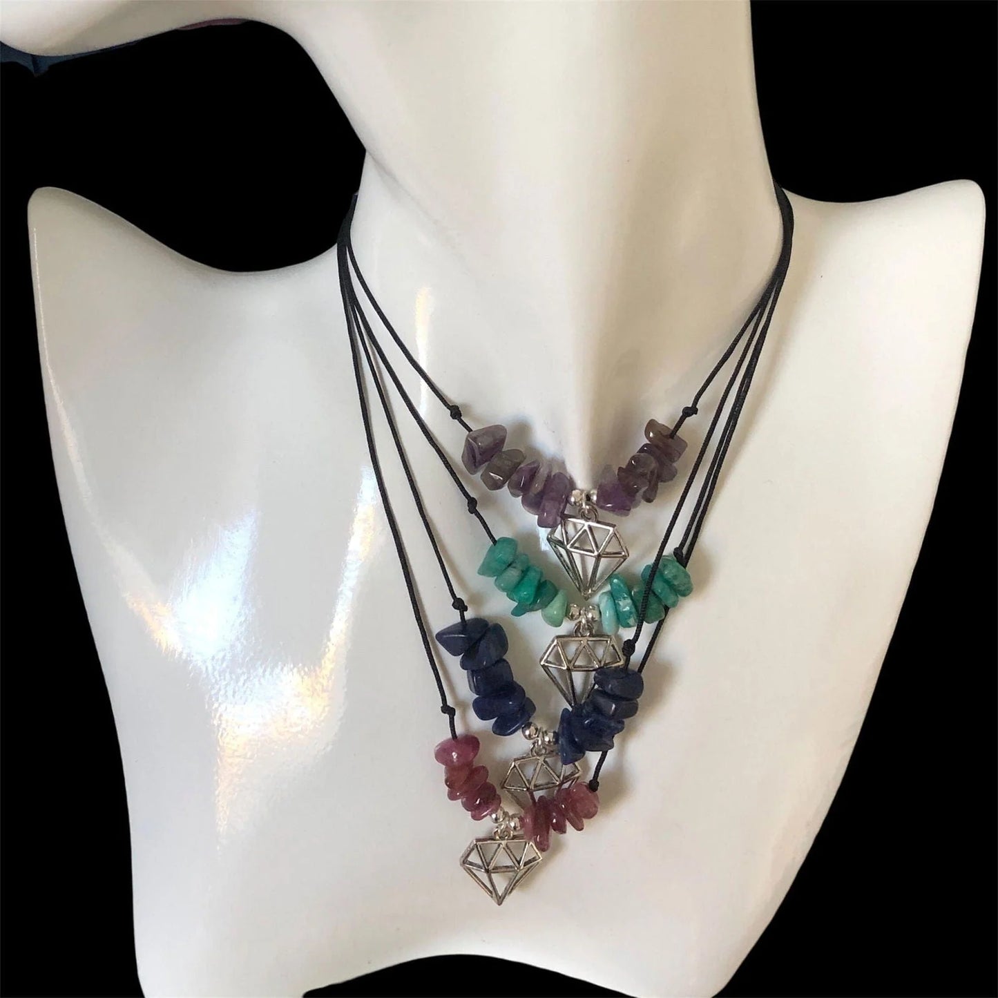Black Thread Choker Necklace with Green Amazonite Chips