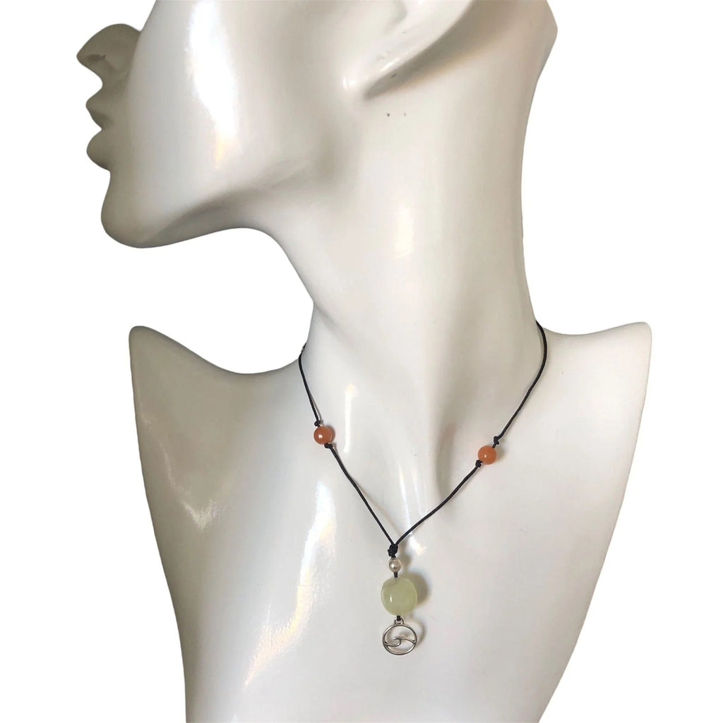 Black Thread Choker Necklace with Jade and Carnelian