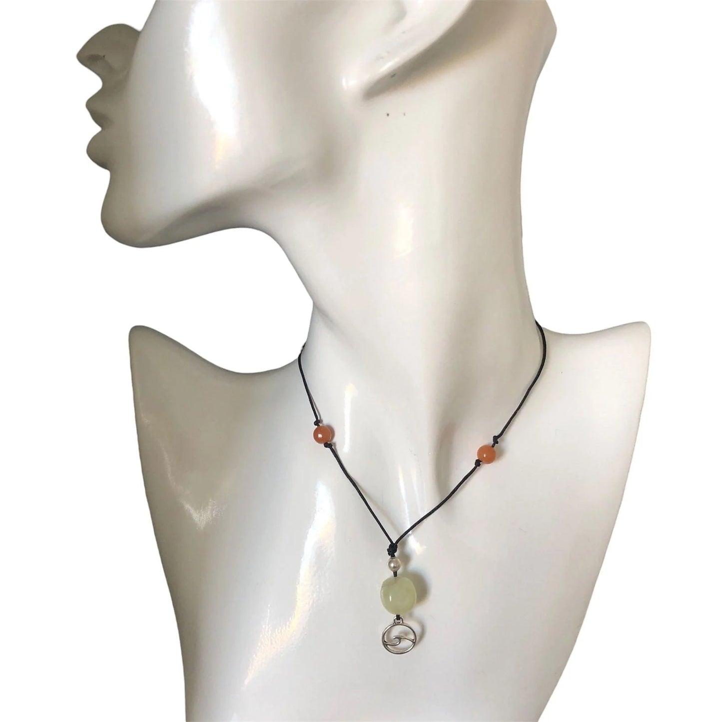 Black Thread Choker Necklace with Jade and Carnelian