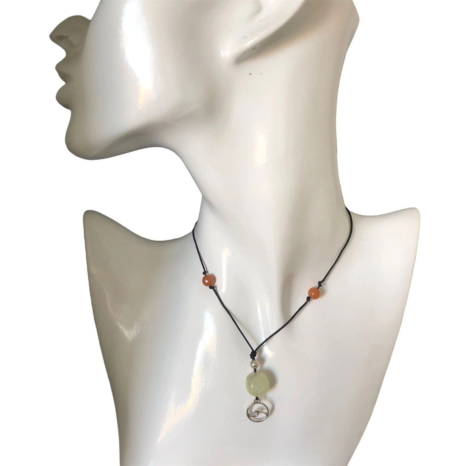 Black Thread Choker Necklace with Jade and Carnelian