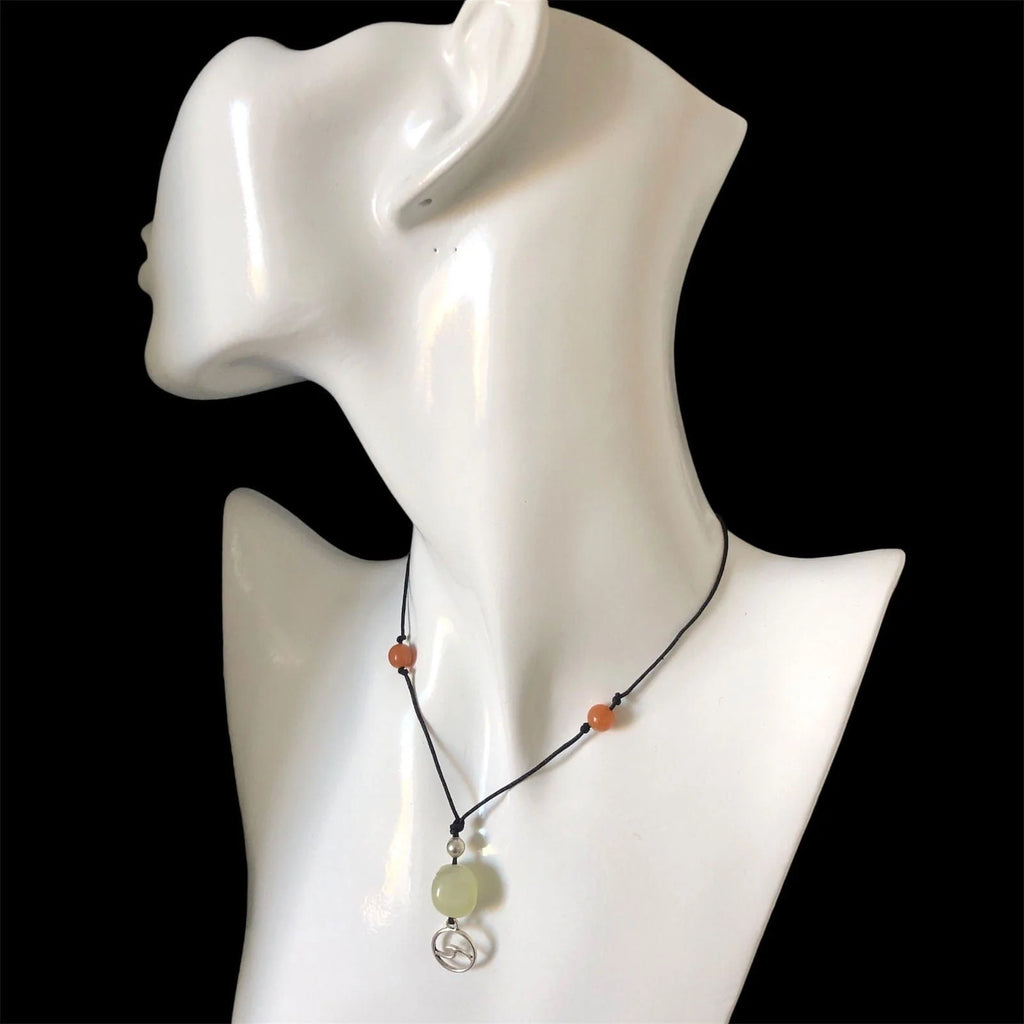 Black Thread Choker Necklace with Jade and Carnelian
