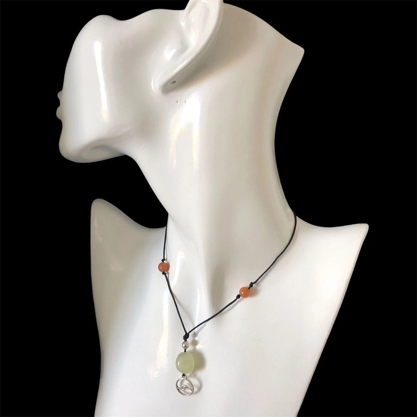 Black Thread Choker Necklace with Jade and Carnelian