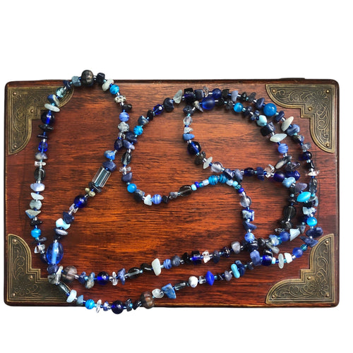 Blue Stones and Glass Beaded Long Necklace